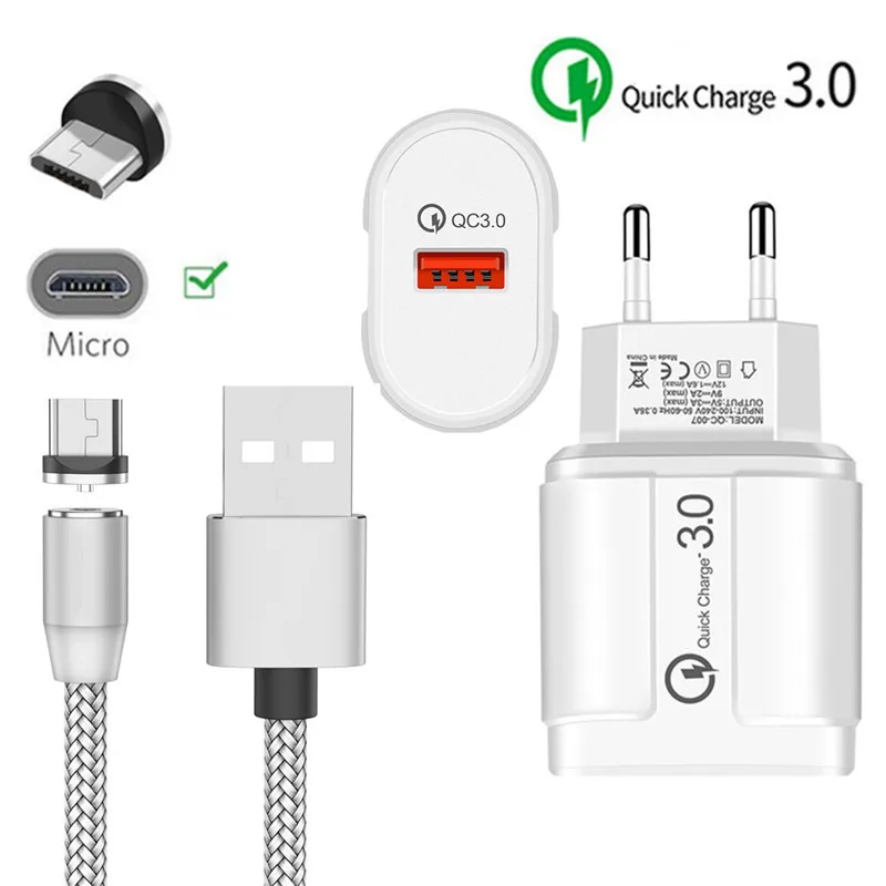 EU charger and cable Магнитный Micro USB кабель QC 3,0 быстрое зарядное устройство для samsung A10 huawei Y5 Y7 Y9 Honor 8X zte Blade V9 V7 A3 A5 Android мобильный телефон - Тип штекера: EU charger and cable