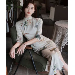 Cheongsam Dress Women Plus Size 2022 Spring Fashion Deerskin Velvet Prints Chinese Style Retro Slim Fit Long Qipao Dresses Woman