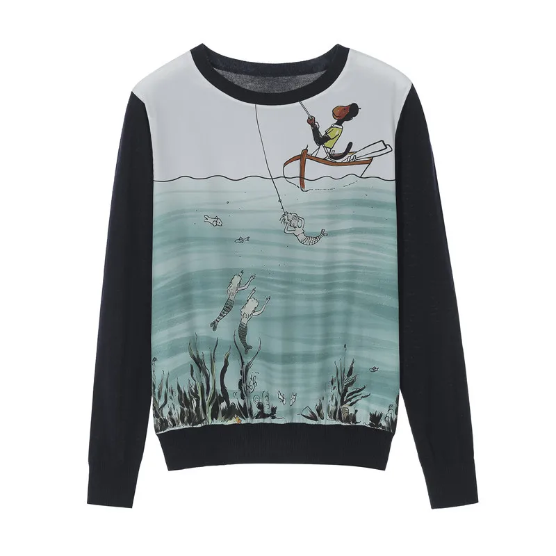 

Women shirts 2019 early autumn outfit sets round collar mermaid printed silk knitting long-sleeved jacket female