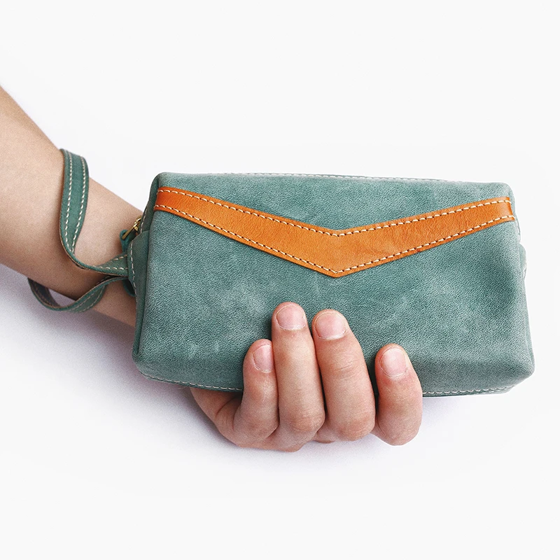 

Genuine Leather Retro Unisex Clutch Bag Original Design Crazy Horse Leather Big Wallet With Zipper High Quality Handmade Purse