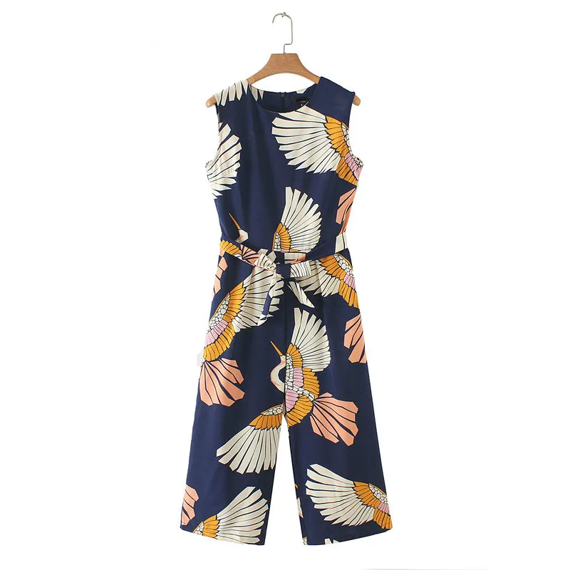 

2019 Bow Tie Print Jumpsuits for Women Elegant Sashes Pockets Crane Sleeveless Jumpsuits Pleated Romper Retro Casual Jumpsuits