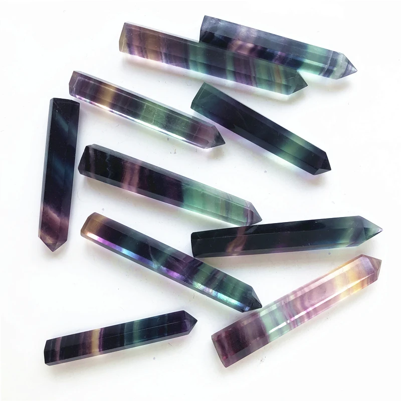 60-80mm Natural Rainbow Fluorite Quartz Crystal Point Healing Hexagonal Wand Natural Stones and Minerals
