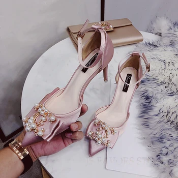 

Free bag with 1 pair ribbon pearl Latex insole Silver Red champagne wedding engagement celebrations party favor high heel shoes