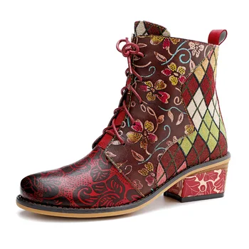 

Fashion Handmade Leather Stitching Lace-up Denim Jacquard Color Matching Fashion Women's Boots