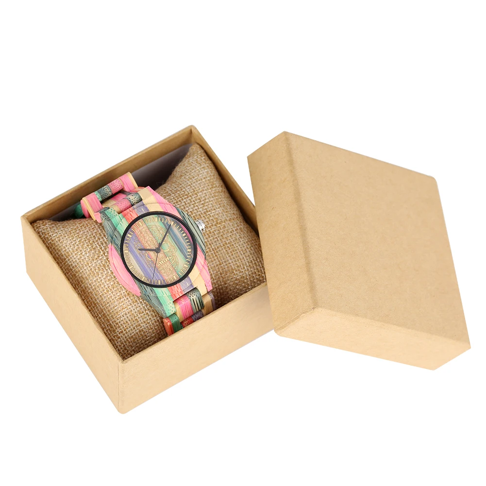 Quartz Wooden Watch Unique Skeleton Pattern Dial Wooden Watches Colorful Bamboo Wood Band Women Bangle Watch Men's Wrist Watches - Color: with box