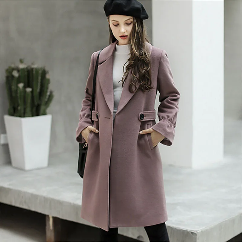 

new slim wool jacket female single button woolen windbreake fashion cloth coat pure color coat women's temperament Fashion