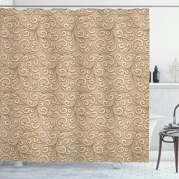 

Beige Shower Curtain, Baroque Floral Swirls Damask Pattern Classic Victorian Style in Retro Antique Background, Cloth Fabric