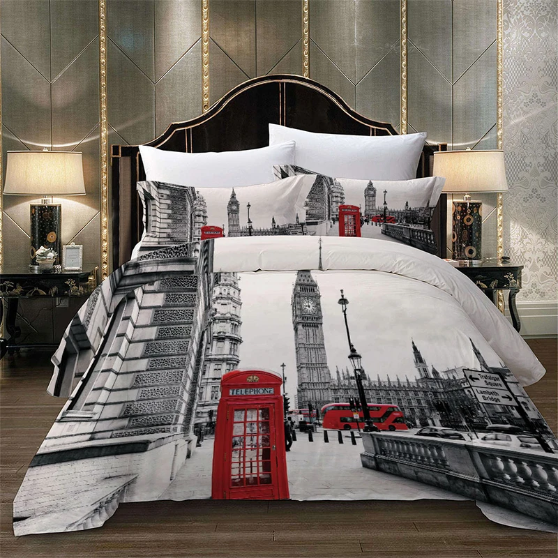 Парижская башня Лондон город пейзаж Биг Бен красная телефонная будка автобус печати набор постельных принадлежностей одеяло пододеяльник+ наволочка US AU EU Размер