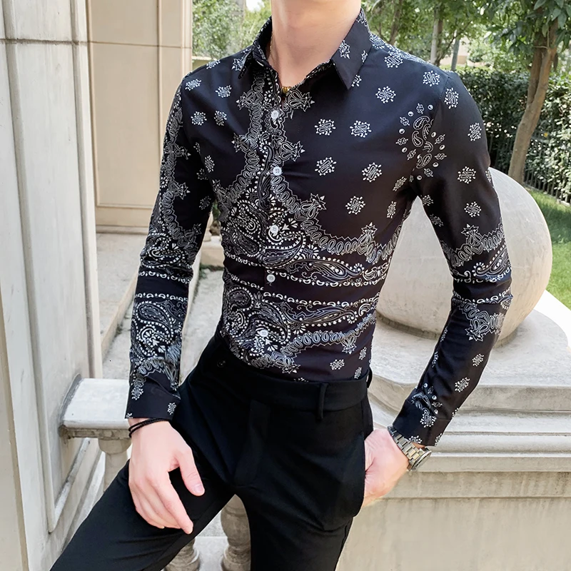 Певица Camisa Homem Пром Печать рубашка с длинным рукавом Camisa Social Masculina Chemise noøl Homme Heren Hemden вечерние Клубные рубашки для мужчин