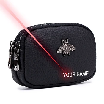 

Personalised Wallet Free Engraving Name Bee Pattern Double zipper Coin Purse Genuine Leather Money Bag Change Case