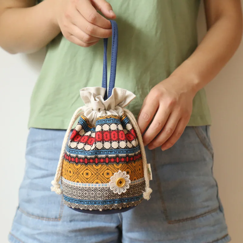 

Ethnic-Style Drawstring Top Handbag Women's Versatile shui tong xing WOMEN'S Bag Pull-belt Small Cloth Bag Flower