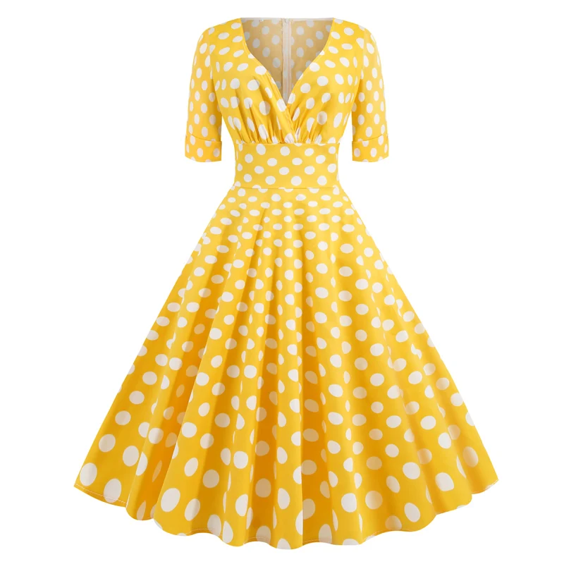 Yellow and dots Tonval, Ретро стиль, высокая талия, сексуальный v-образный вырез, с запахом, в горошек, платья для женщин, весна, желтый, миди, элегантные вечерние, хлопок, винтажное платье - Цвет: Yellow and dots