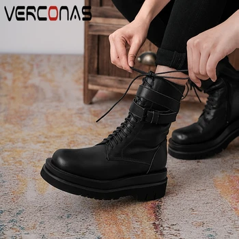 

VERCONAS Women Platforms Ankle Boots Autumn Winter Genuine Leather Shoes Woman Cross-Tied Side Zipper Casual Motorcycle Boots