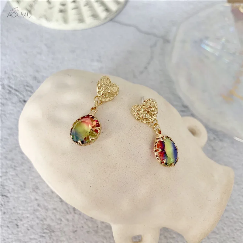 

AOMU S925 Sterling Silver Pin Simple Fun Multicolor Zircon Sweet Love Stud Earrings for Women Birthday Gifts Wedding Party