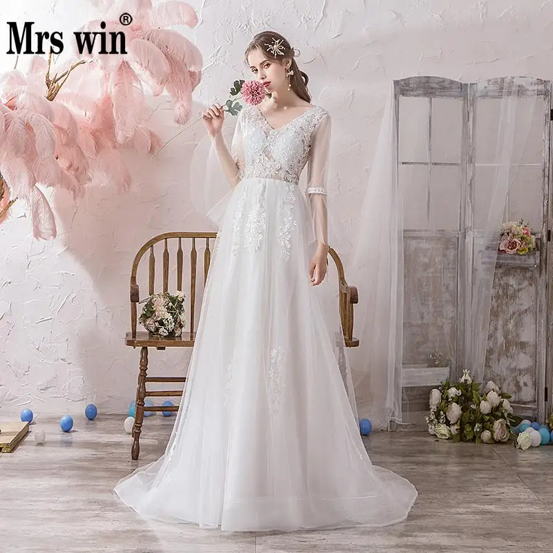 Mrs Win свадебное платье, сексуальное, v-образный вырез, со шлейфом, на шнуровке, ТРАПЕЦИЕВИДНОЕ, полный рукав, принцесса, иллюзия, свадебное платье es Hs765