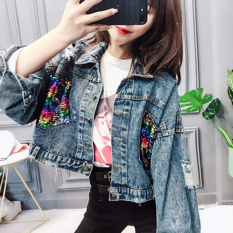 WHITNEY WANG Осенняя мода уличная высокая Талия Блестки Карманы джинсовая куртка женская Стильная джинсовая куртка