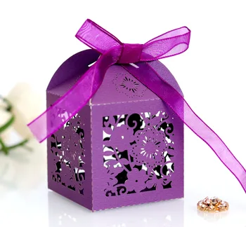 

Paper Wedding Party Candy Favor Boxes Cake Flower Hollow Light Golden Glitter With Ribbon Chocolate Box