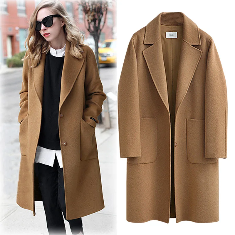 Женское зимнее пальто, элегантное шерстяное теплое длинное пальто, корейский стиль, для офиса, верблюжий плащ, свободный, WDC3690