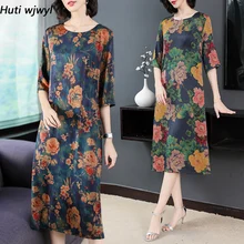 Винтажное шелковое платье миди с коротким рукавом и цветочным принтом, летняя Новинка 5XL размера плюс, сарафан с принтом, элегантные женские облегающие вечерние платья