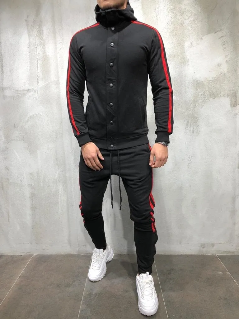 The Fashion LeisureButtonTracksuit Men Set Sport 2 Pieces Sweatsuit Mens Clothes Printed Hooded Hoodies Jacket& Pants Track Sui