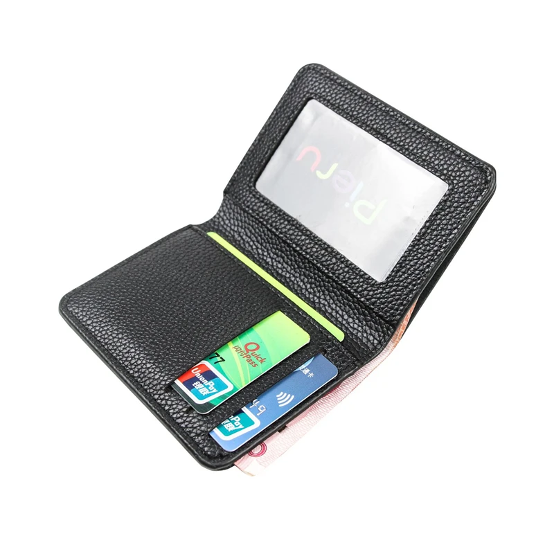 Ultra-Thin Black Credit ID Card Holder PU Leather Women Men Coin Purse Lychee Pattern Money Bag Wallet Driver's License Cover