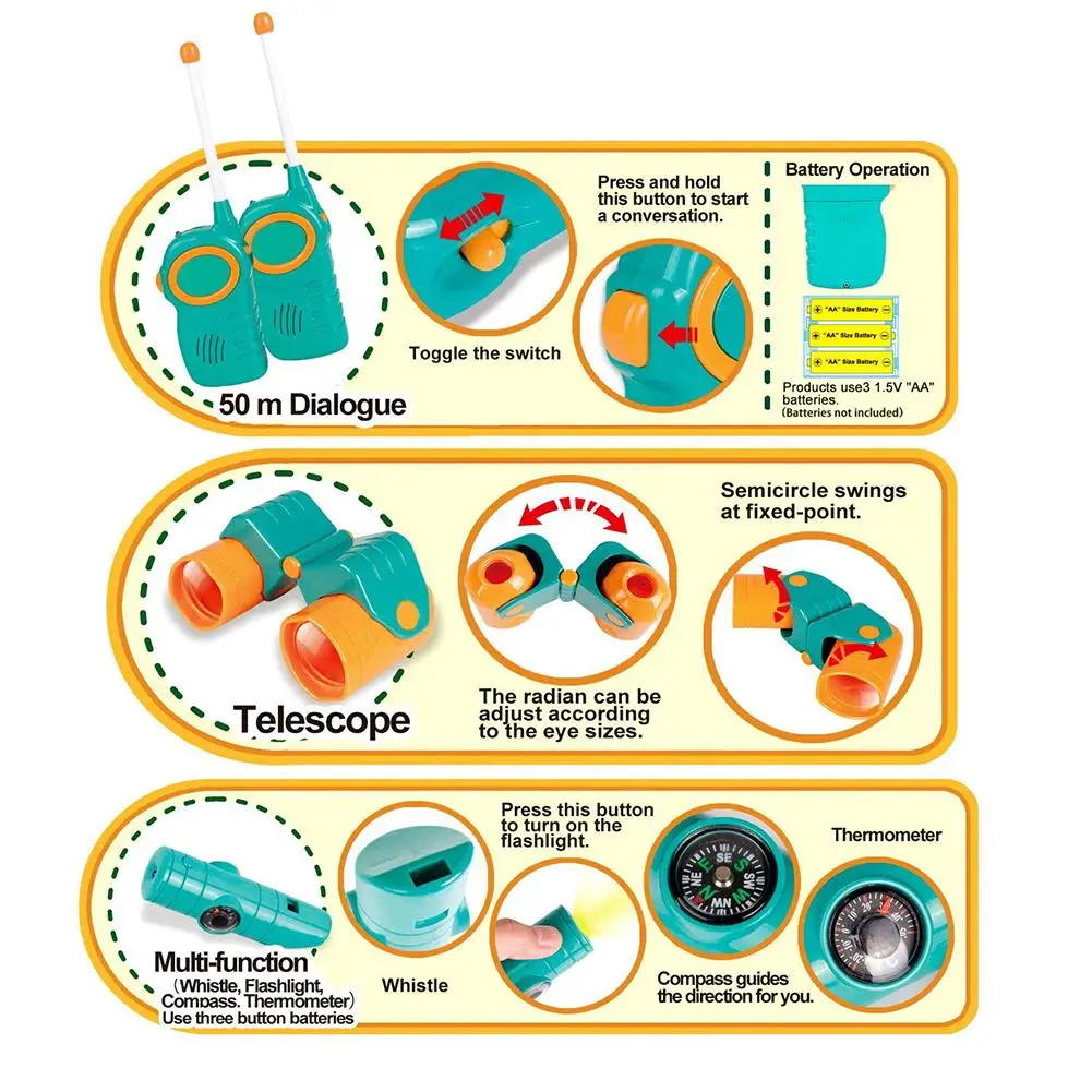 Детская палатка Набор для кемпинга Набор исследователя с палаткой телескоп Walkie Talkies водная бутылочная лопатка фонарик термометр для детей