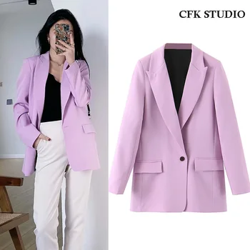 

Za Women Blazer with single button pocket solid Long Sleeve Casual Loose Outwear violet Coat