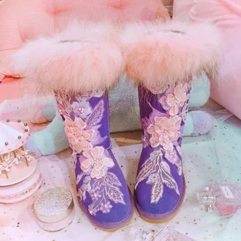 

2020 winter new high-end custom hand-embroidered flower flat-bottomed high-tube raccoon fur women's cotton shoes snow boots