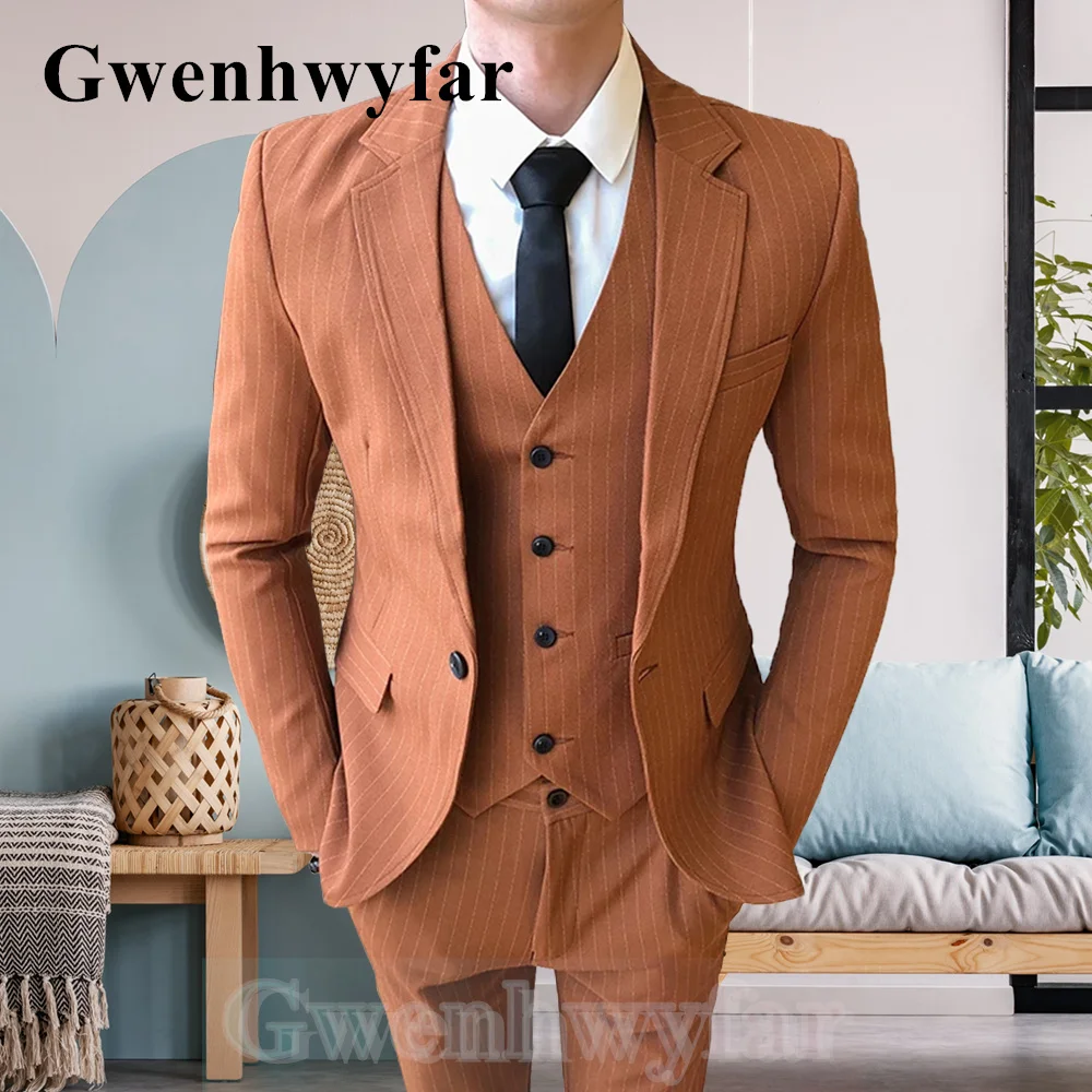 

Gwenhwyfar 2021 Autumn Fashion New Style 3 Pcs Set Men's Casual Groom Wedding Orange Stripe Tuxedo（Blazers ，Vest and Pants）