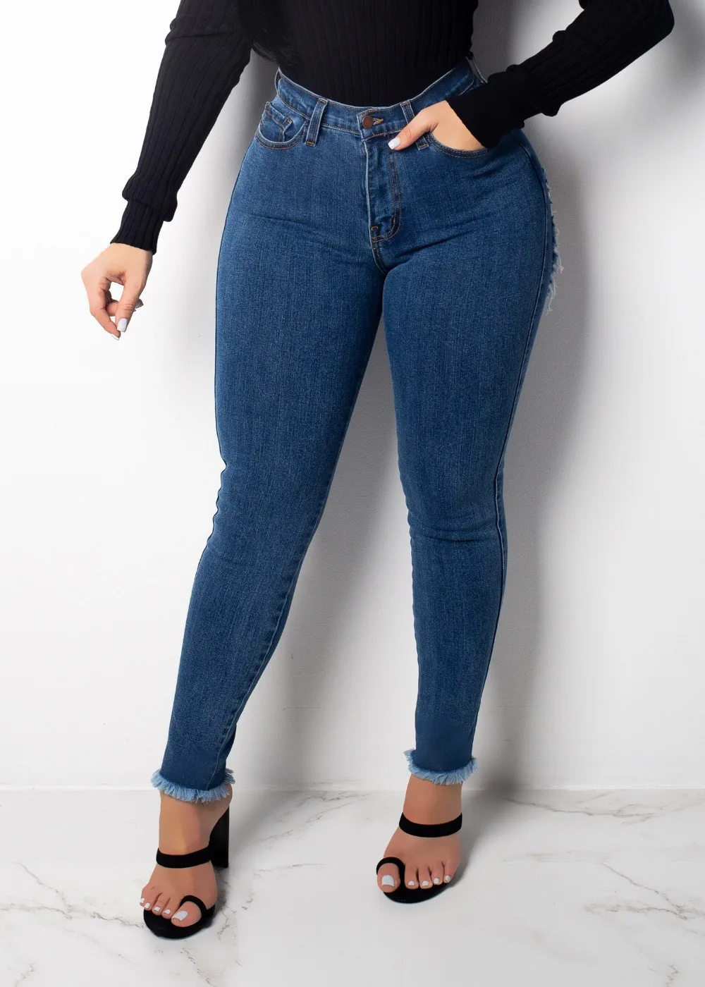 Женские рваные джинсы с завышенной талией синего цвета, обтягивающие джинсовые брюки-карандаш, растягивающиеся, с высокой талией, потертые, женский наряд Jea