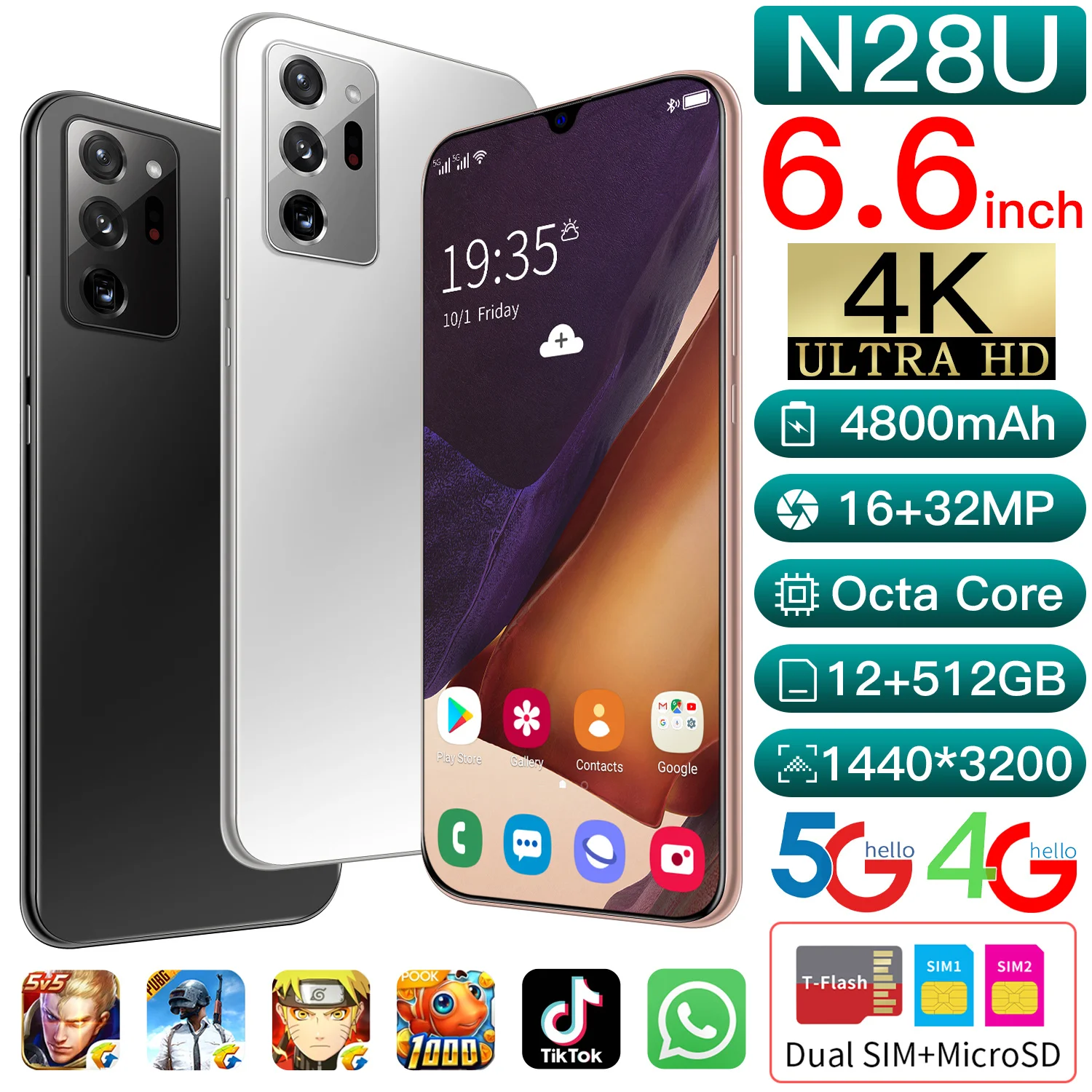 Новейшая модель N28U 6 дюймовыйж смартфон 12G-512 ГБ полный экран Android 10 Snapdragon 865 + палец