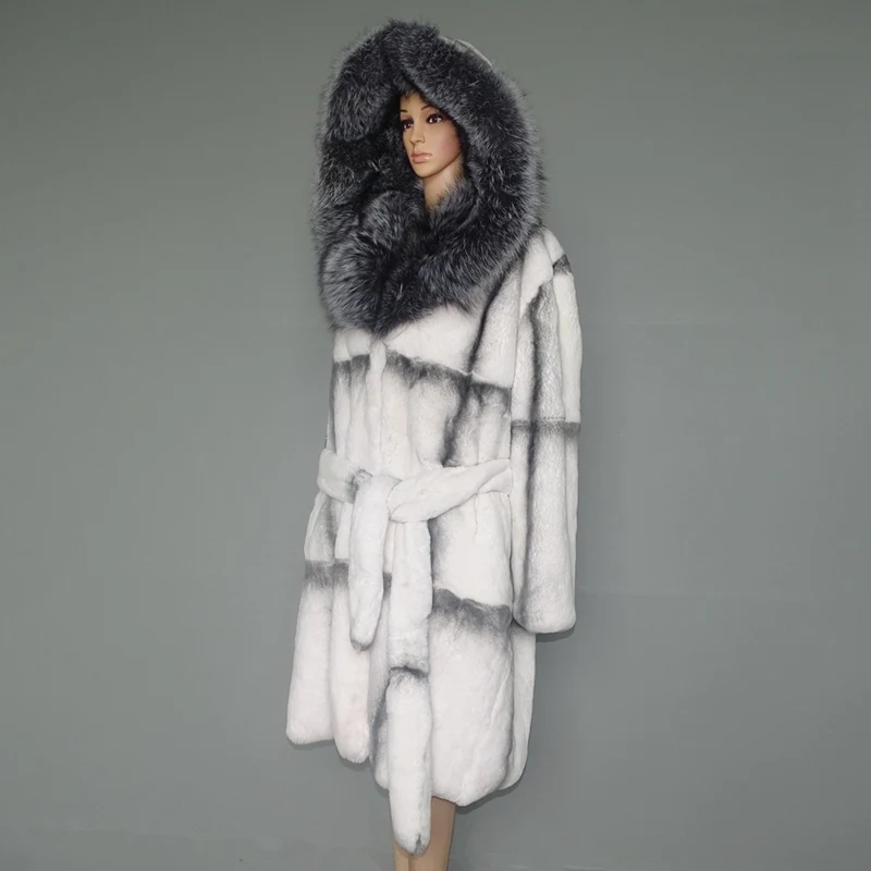 Роскошное зимнее пальто для женщин из натурального меха кролика Рекс, пальто с большим мехом лисы, с капюшоном, с отделкой воротником, плюс размер, натуральное меховое пальто