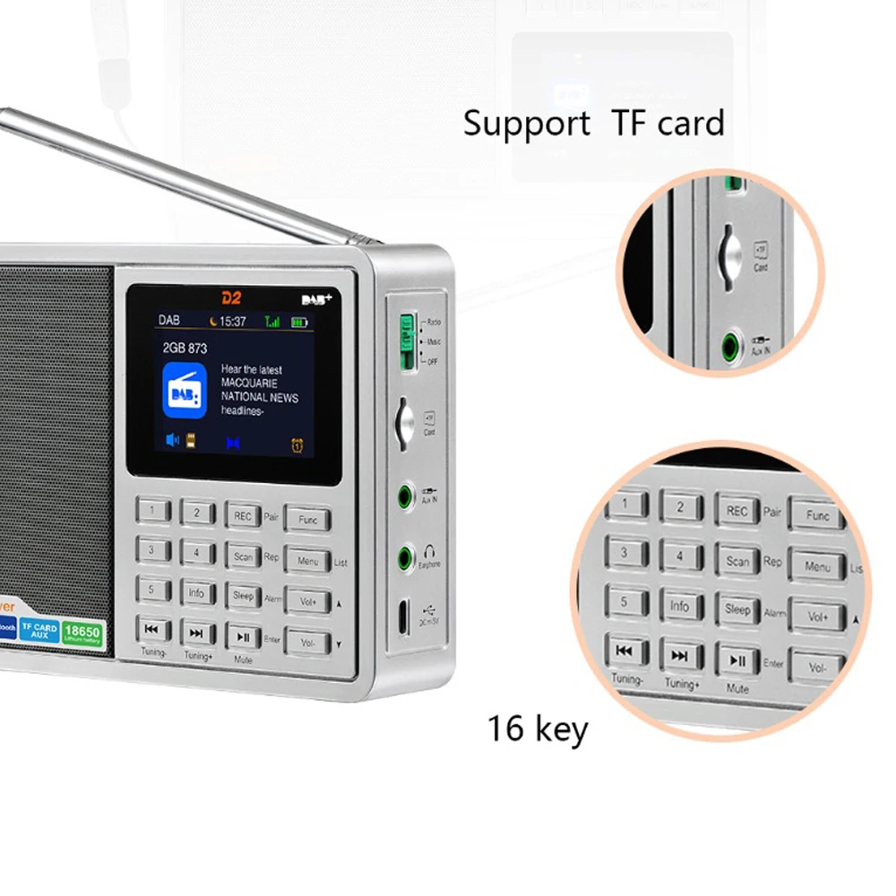 GTMEDIA D2 портативный радио FM Bluetooth DAB стерео с TFT-LCD цветным дисплеем будильник Поддержка Micro SD TF карта AUX вход