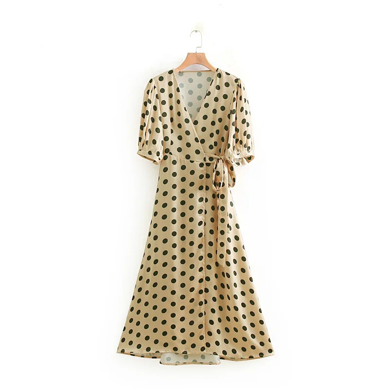 

2019 Western Style Spring And Summer WOMEN'S Dress New Style V-neck Double Breasted Dotted Lace-up Long Dress