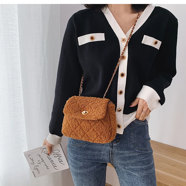 Elegant Female Plaid Crossbody Bag Winter New Quality Soft Plush Women's Designer Handbag Lock Chain Shoulder Messenger Bag