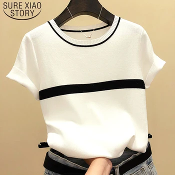 

2020 Summer Woman Short Sleeve Tees Tops Korean Thin Knitted Shirt Women White Clothes Casual Blouse Femme Blusas 8781 50