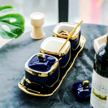 

Beautiful dark blue with golden rimmed ceramic seasoning jar Exquisite sugar salt spices storage bottle kitchen decoration idea