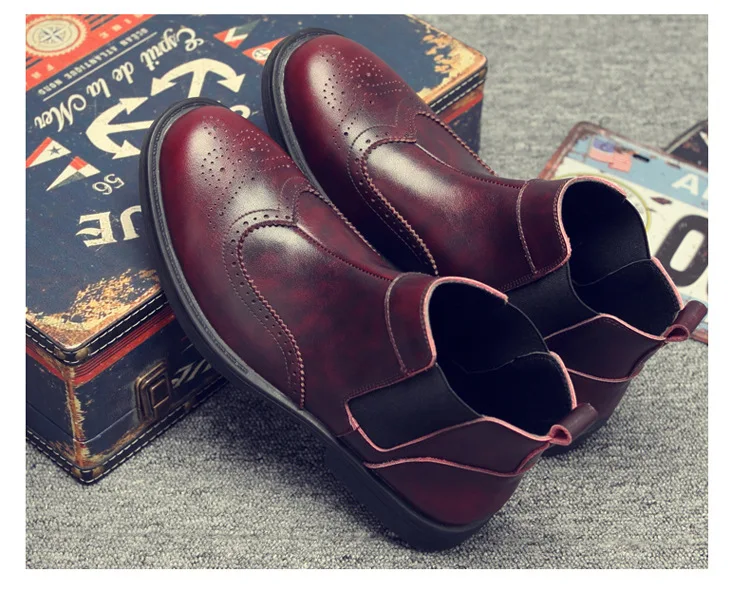 Winter PU Chelsea Boots Men Elastic Band Pointed Toe Ankle Boots Solid Casual Motorcycle Shoes Plus Size Black Brown