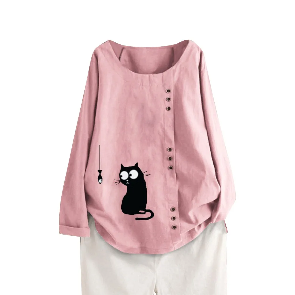 Women's Boho Tops Long Sleeve Blouse Summer Cats Cotton And Linen Daily O-Neck Casual Top Shirts Blouse Vetement Femme BL