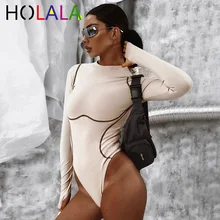 HOLALA 2020 Long Sleeve Striped Line Patchwork Bodycon Sexy Playsuit Spring Autumn Women Streetwear Outfits Female Body Shirt