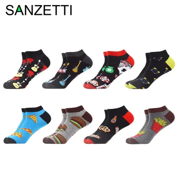 

ANZETTI 8 Pairs/Men Ankle Socks Breathable Combed Cotton Socks Colorful Rich Design Guitar Palying Card Pattern Party Boat Socks