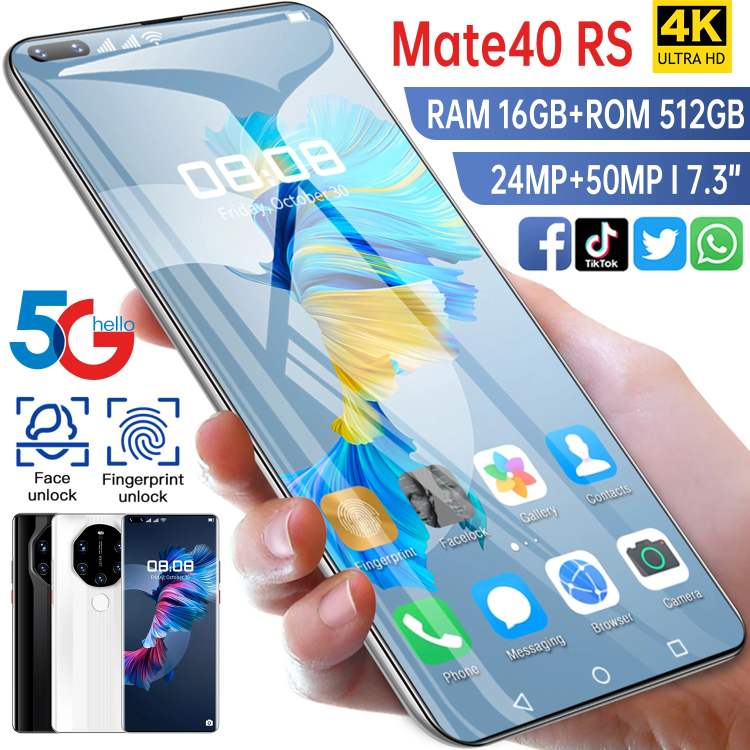 Mate40 RS Global 7 3 &quotсмартфон 6800 мАч сзади 5 Камера Dual SIM карта 16GB плюс 512 ГБ Android 11 Телефон