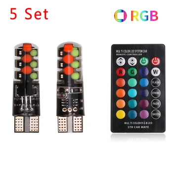 

New Arrival High Quality 5 Sets T10 COB LED RGB Light Bulb Remote Control Strobe Lamp W5W 194 Silica Gel