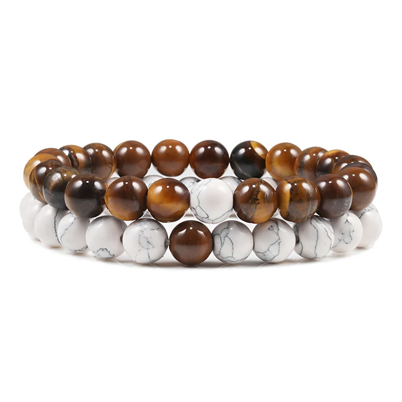 White Tiger Eye 2 шт./компл. пары расстояние браслет из натурального камня тигровый глаз Лава бисерные браслеты для мужчин женщин друг Подарочный Шарм Strand ювелирные изделия - Окраска металла: White Tiger Eye