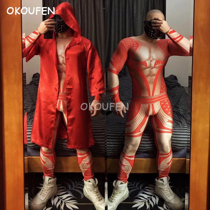 

Tattoo 3d fake muscle red print conjoined cloak costume set Halloween costume bar nightclub ds sea king stage costume