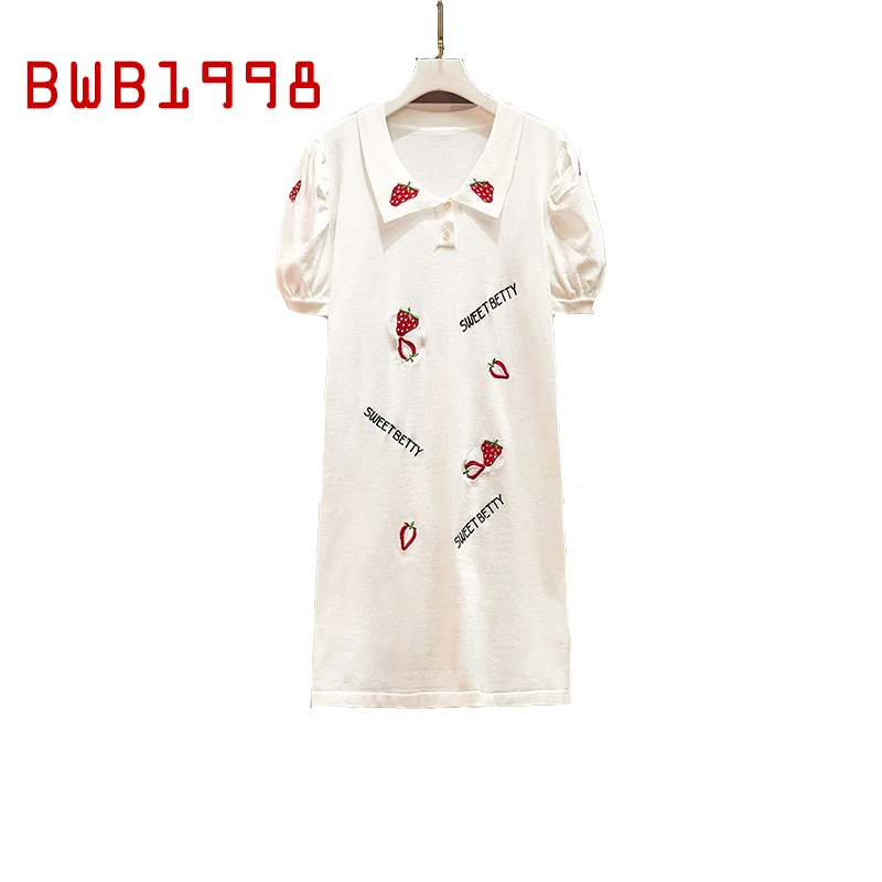 

Female Summer Kawaii Dress woman New White Polo Shirt Women Strawberry Dress Short Sleeve Party Mid-Length Female Dress Oversize
