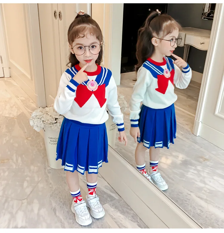 

Kids' Sweater Girls Pretty Girl Warrior Water Bingyue Baby Knitted Sweater + Pleated Skirt Set