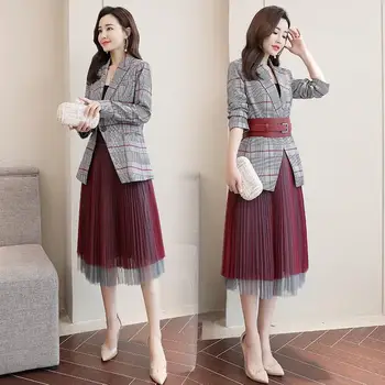 

New 2019 Fashion Women Plaid Blazer Mesh Pleated Skirt Set Ladies Red Formal Blazer Jacket Skirt Suit