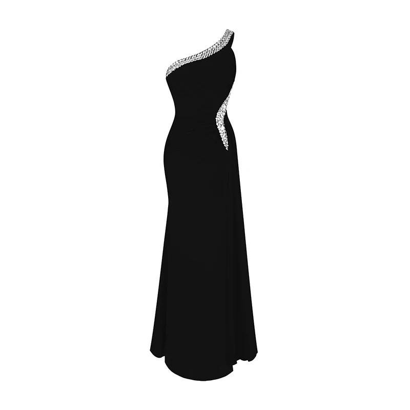 Black 411 Женское дл.веч.платье, с бисером, Angel-Fashions, синее длинное вечернее платье с одним открытым плечом и разрезами, расшитое бисером, модель 075 411 - Цвет: Black 411