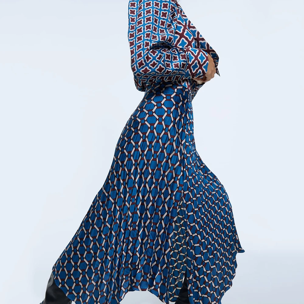 

Trendy ZA Print Multicolor Skirt for women Bohemian Dark Line Zip Closure Pleated Skirt Elegant Temperament Skirt Wholesale